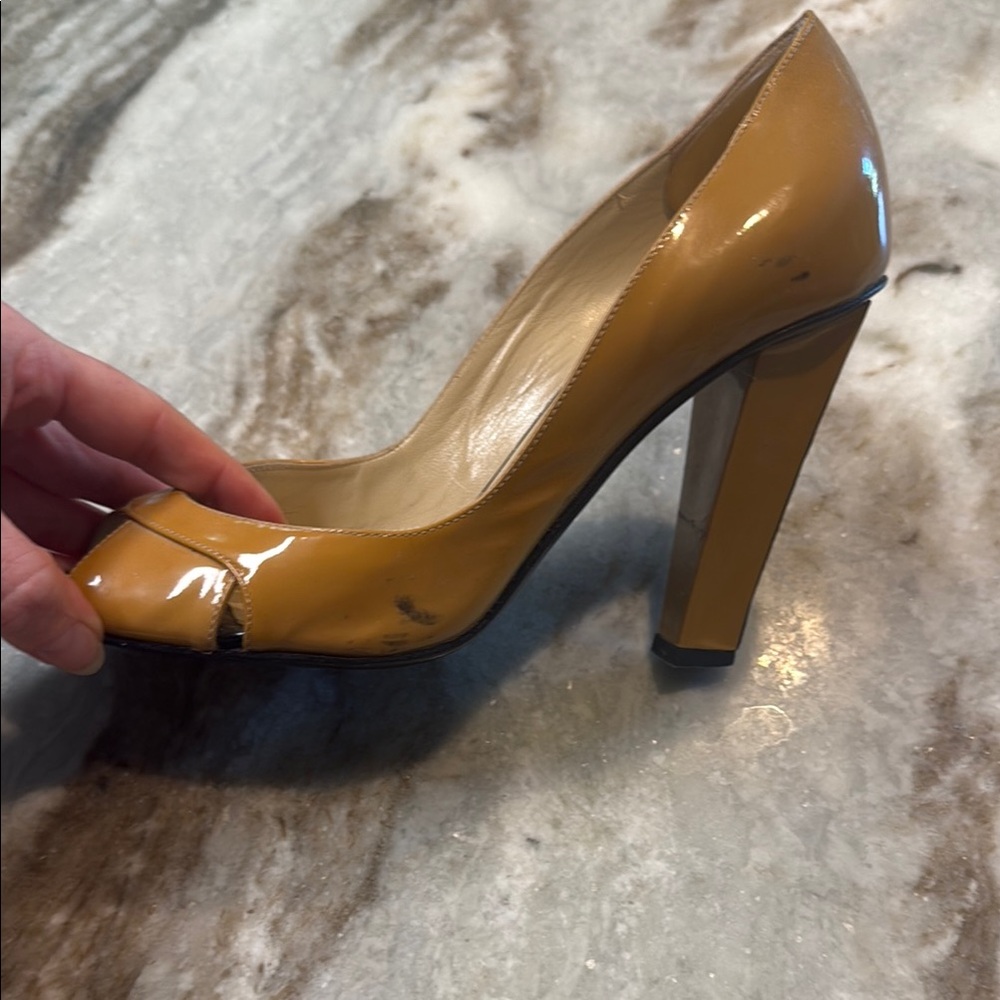 Jimmy Choo Tan and Black Peep patent leather Toe Heels - Picture 10 of 12